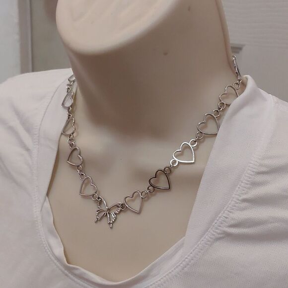 Butterfly Pendant with Linked Open Heart Silver Tone Necklace - Picture 3 of 6